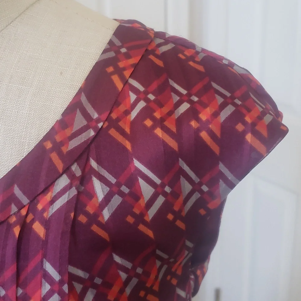 HALOGEN Geometric Pleated Fit & Flare Dress Burgundy Plum 4P Office Wedding